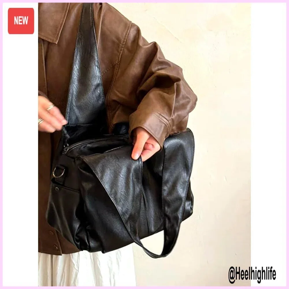 Vintage Faux Leather Hobo Bag Slouchy Shoulder Purse Crossbody Multi Pocket
